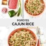 Copycat Popeyes Cajun Rice ingredients and the rice in a bowl.