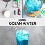 Copycat Sonic ocean water ingredients and the drink in a tall glass.