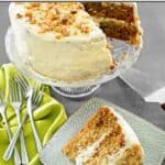 Old-fashioned zucchini cake with cream cheese frosting and a slice on a plate.