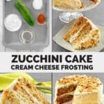 Old-fashioned zucchini cake ingredients and the cake with cream cheese frosting.