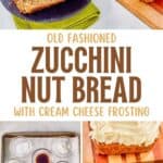 Old-fashioned zucchini nut bread with cream cheese frosting and the ingredients to make it.