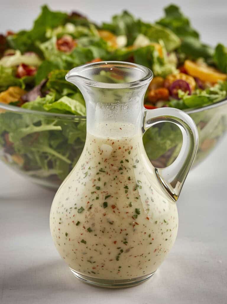 Vinaigrette dressing in a small pitcher and a salad behind it.