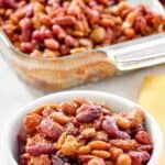 Baked beans quintet casserole baked and served in a bowl.