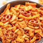 A bowl of homemade cheddar Chex mix.