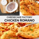 Copycat Cheesecake Factory Chicken Romano ingredients and the chicken served with pasta.