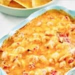 Cheesy chicken Rotel dip served with tortilla chips.