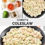 Copycat Corky's coleslaw ingredients and the slaw in a large bowl.