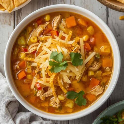 Chicken tortilla soup with veggies.