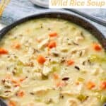 A bowl of copycat Jason's Deli chicken and wild rice soup.
