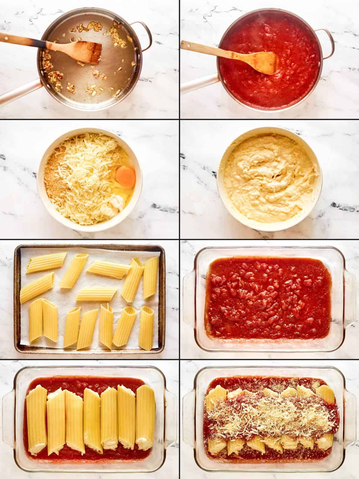 Making marinara sauce and cheese manicotti.