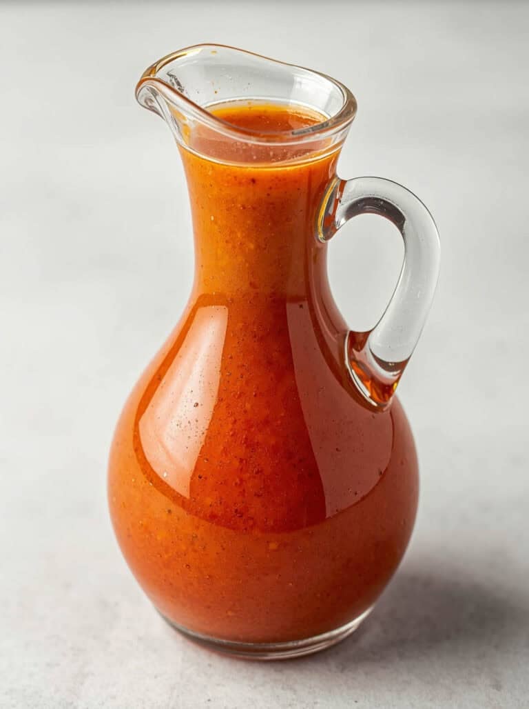 A small pitcher of tomato-based salad dressing.