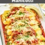 Copycat Olive Garden four cheese manicotti baked and garnished with parsley.