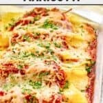 Copycat Olive Garden four cheese manicotti baked in marinara and covered in cheese.