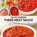 Copycat Olive Garden three meat sauce ingredients and the sauce in a bowl.