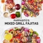 Copycat Pappasito's mixed grill fajitas ingredients and the skewers on a platter.
