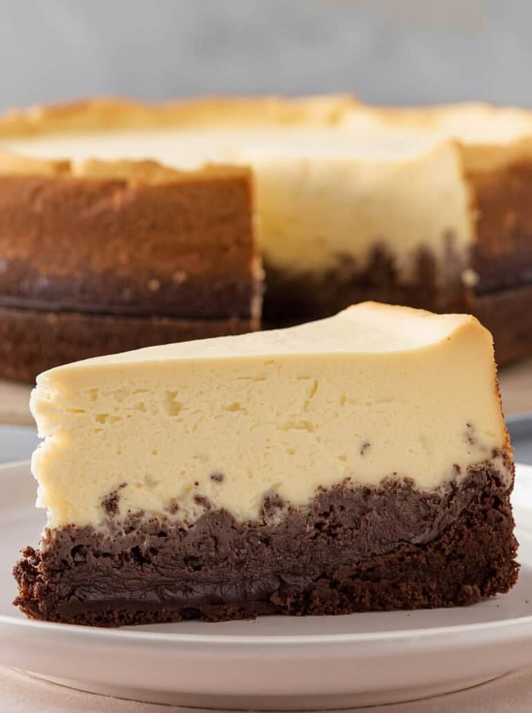 A slice of brownie bottom cheesecake on a plate and the cheesecake behind it.