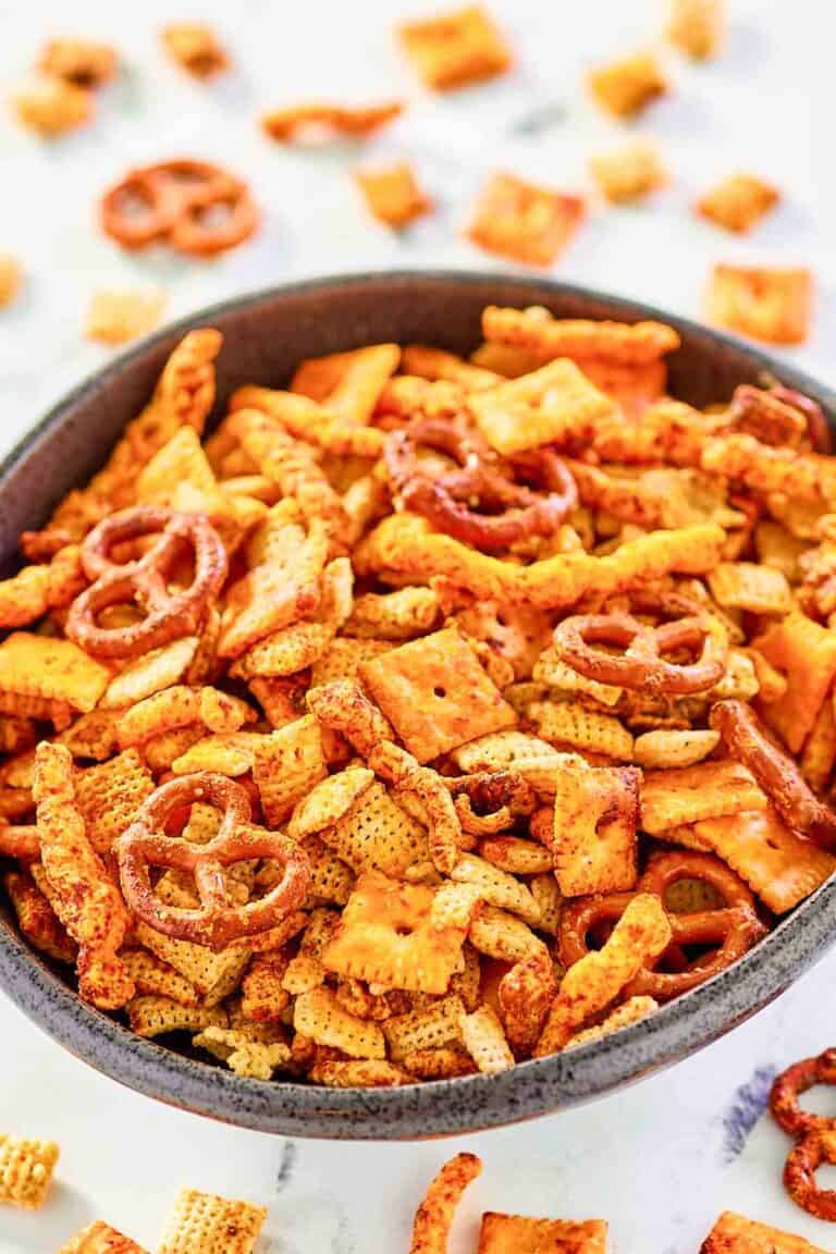 Cheese cracker, pretzel, and cereal snack mix.