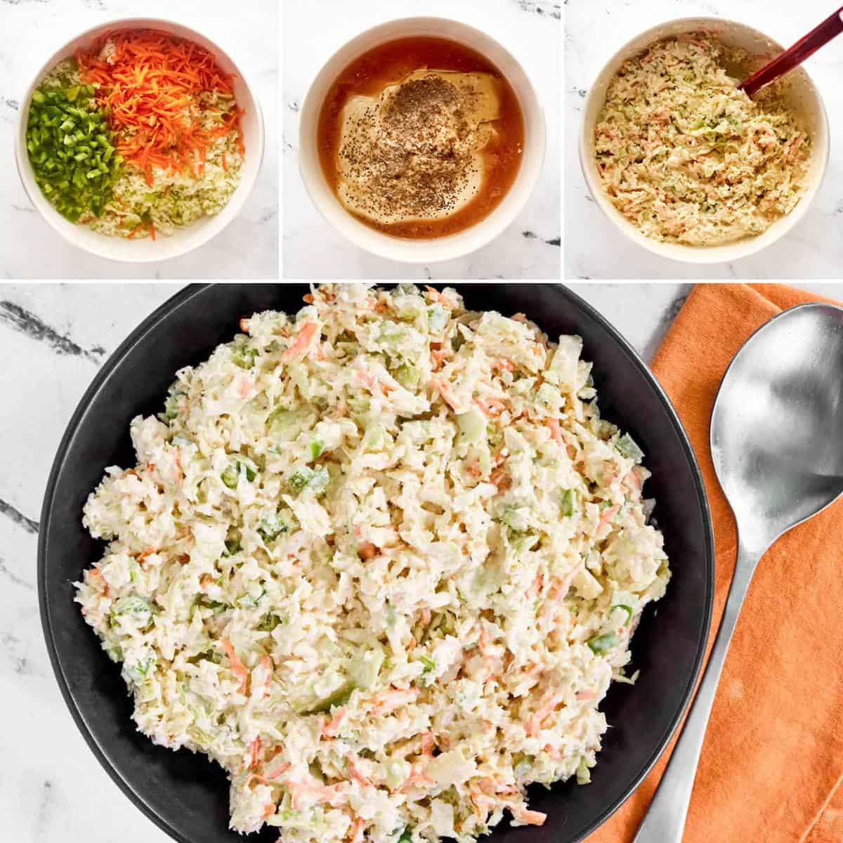 Making slaw with cabbage, carrots, onion, bell pepper, and homemade dressing.