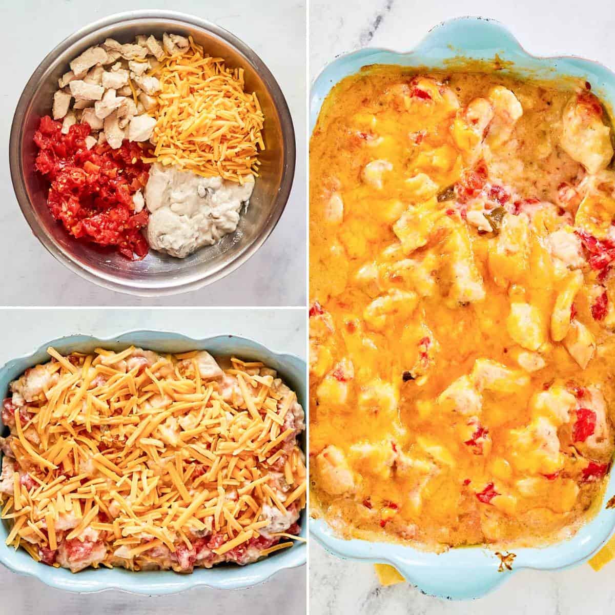 Making a creamy and cheesy chicken dip with Rotel, mushroom soup, and cheese.