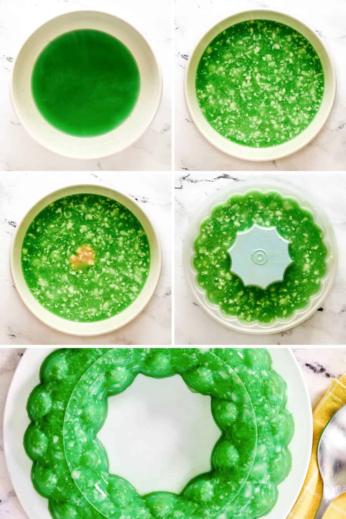 Making a gelatin salad with lime Jello-O, crushed pineapple, and cottage cheese.