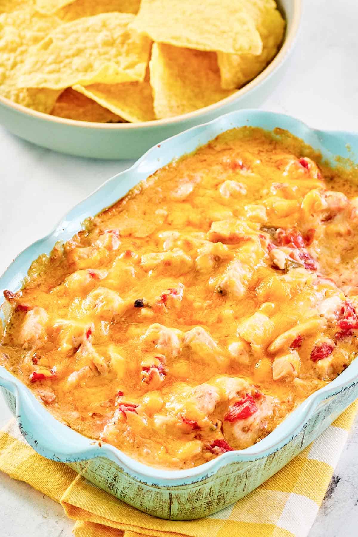 Spicy tomato, green chile, cheese, and chicken dip.
