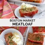 Copycat Boston Market meatloaf sliced on a platter and a slice on a plate with mashed potatoes.