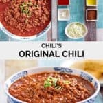 Copycat Chili's original chili ingredients and the chili in a bowl.
