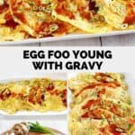 Homemade classic egg foo young with gravy ingredients and the prepared dish.
