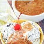 Copycat Friendly's peanut butter sauce in a bowl and on ice cream.