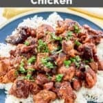 White rice topped with copycat Golden Corral bourbon street chicken.