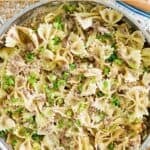 A skillet of copycat Hamburger Helper beef stroganoff.