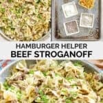 Copycat Hamburger Helper beef stroganoff ingredients and the prepared dish.