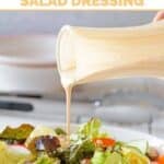 Drizzling copycat Houston's buttermilk garlic salad dressing on a salad.
