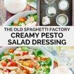 Copycat Old Spaghetti Factory creamy pesto salad dressing ingredients and the prepared dressing.