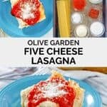 Copycat Olive Garden five cheese lasagna ingredients and a serving on a plate.