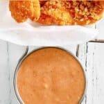 Copycat Red Robin campfire sauce served with fried chicken tenders.