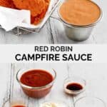 Copycat Red Robin campfire sauce ingredients and the sauce served with chicken tenders.