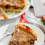 A slice of sour cream raisin pie and a fork on a plate.