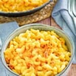 Copycat Stouffer's mac and cheese in a bowl on a wooden table.