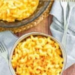 Copycat Stouffer's mac and cheese in a baking dish and a bowl.