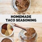 Homemade taco seasoning ingredients and the spice mix in a glass jar.