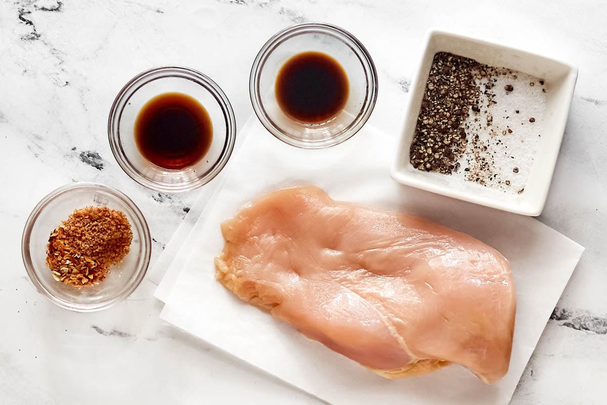 Chicken, Worcestershire sauce, soy sauce, and seasonings.
