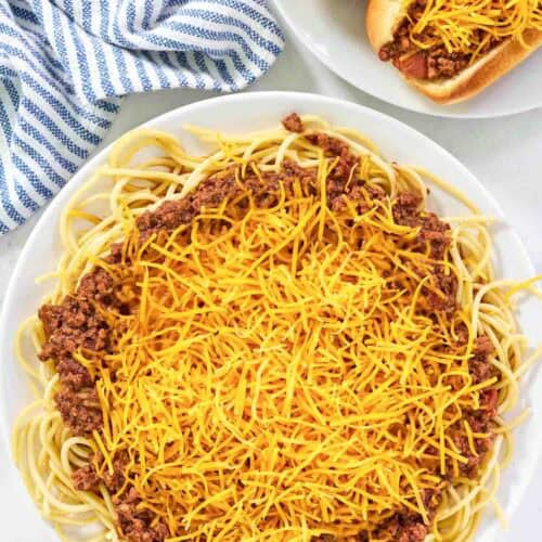 Chili cheese spaghetti and chili cheese hot dogs.