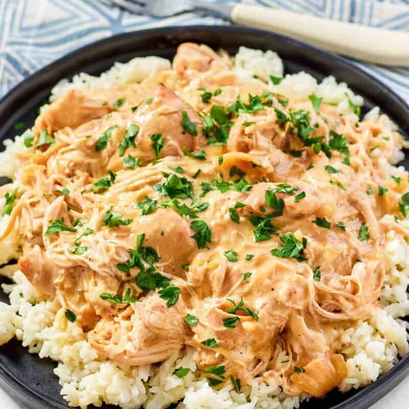 Creamy shredded chicken served with rice.