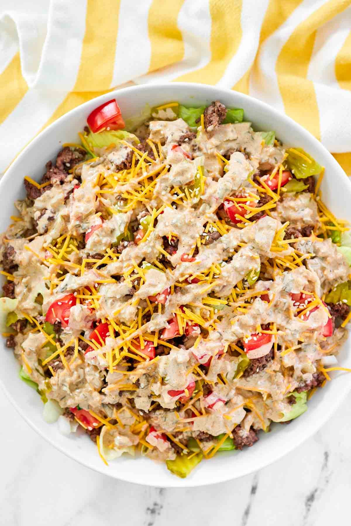 Ground beef chopped salad with creamy dressing.