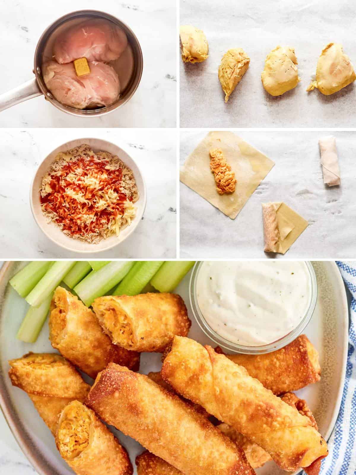 Making and serving crispy spring rolls with buffalo chicken and fontina cheese.