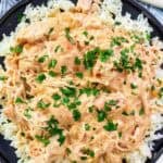 Shredded chicken and creamy gravy over rice.