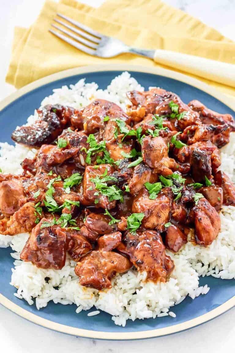 Sweet bourbon sauce chicken served over rice.