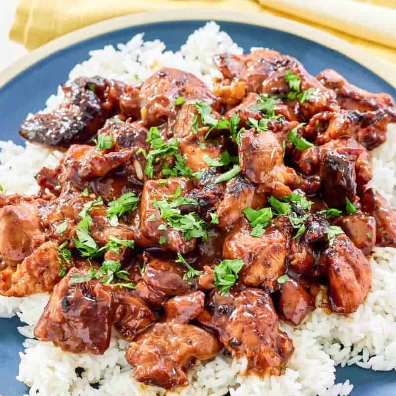 Sweet bourbon sauce chicken served over rice.