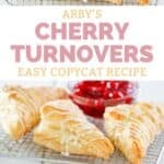 Copycat Arby's cherry turnovers with icing drizzle on a wire rack.
